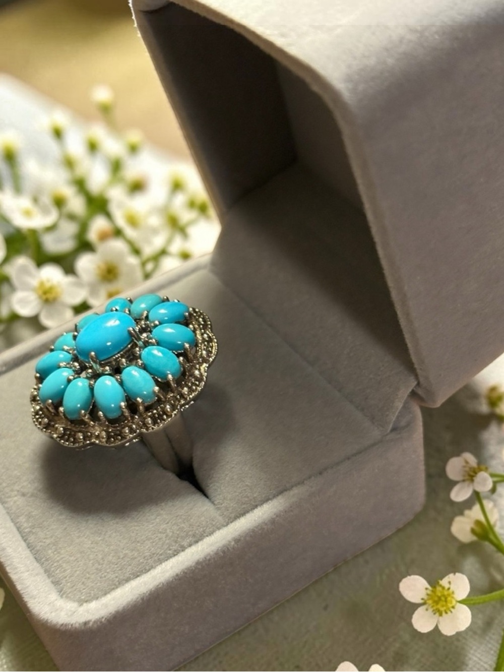Sleeping Beauty Turquoise Squash Blossom Ring  size 5-5.25 ~ Exquisite